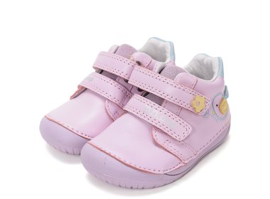 DD Step skórzane różowe buty Barefoot z niebieskim ptaszkiem