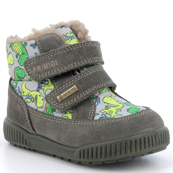 Szare ocieplane śniegowce chłopięce Primigi 2361566 w dinozaury z membraną Gore-Tex