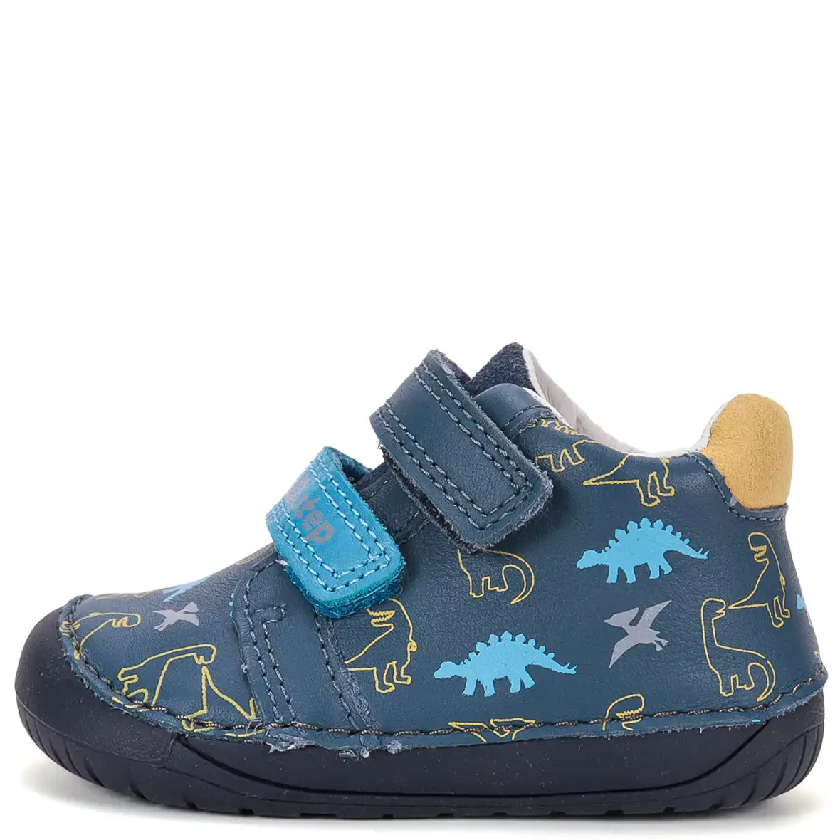 Niebieskie skórzane półbuty dziecięce D.D.step Barefoot S070-62594B w dinozaury