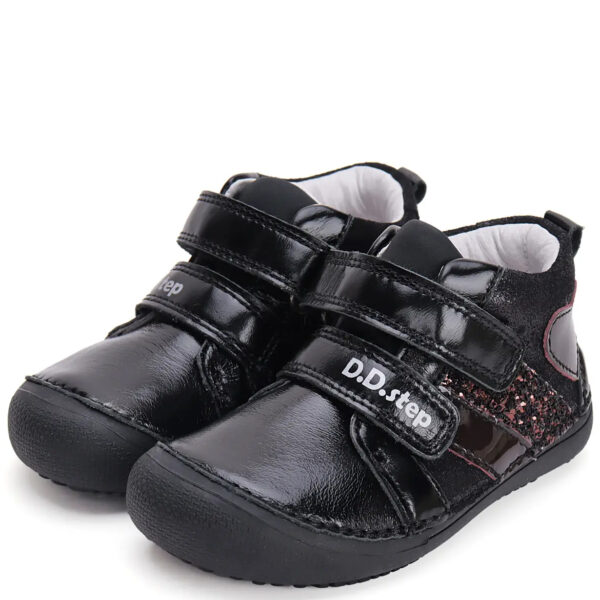 DD Step skórzane czarne błyszczące buty dla dzieci Barefoot