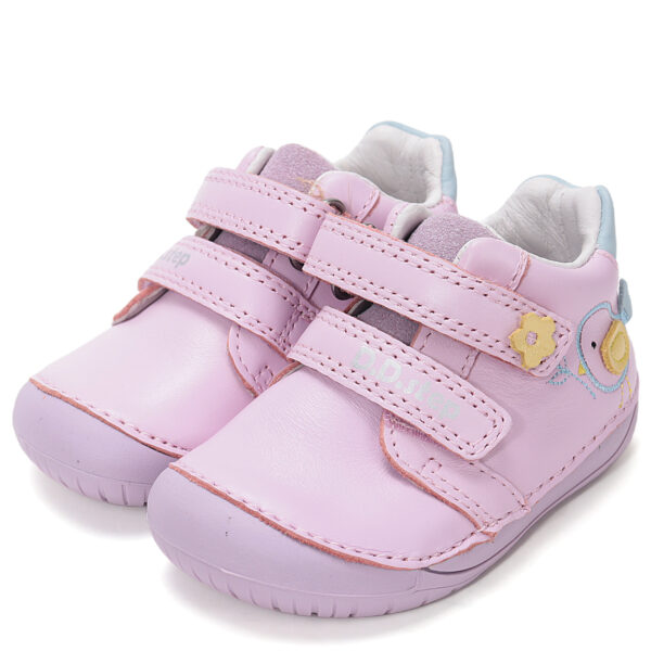DD Step skórzane różowe buty Barefoot z niebieskim ptaszkiem