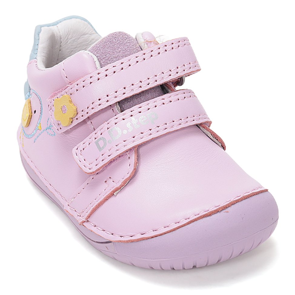 DD Step skórzane różowe buty Barefoot z niebieskim ptaszkiem - obrazek 5