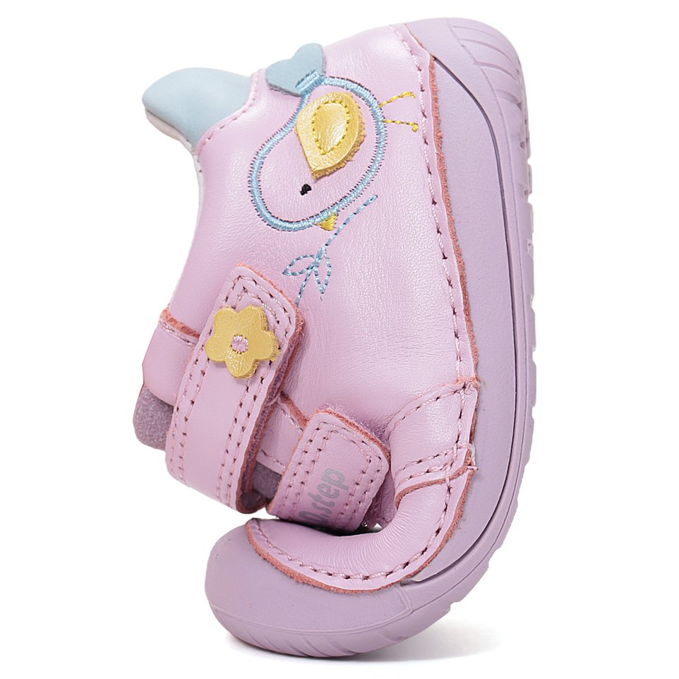 DD Step skórzane różowe buty Barefoot z niebieskim ptaszkiem - obrazek 4