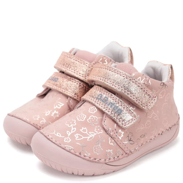 DD Step skórzane pudrowe buty Barefoot w kwiatuszki